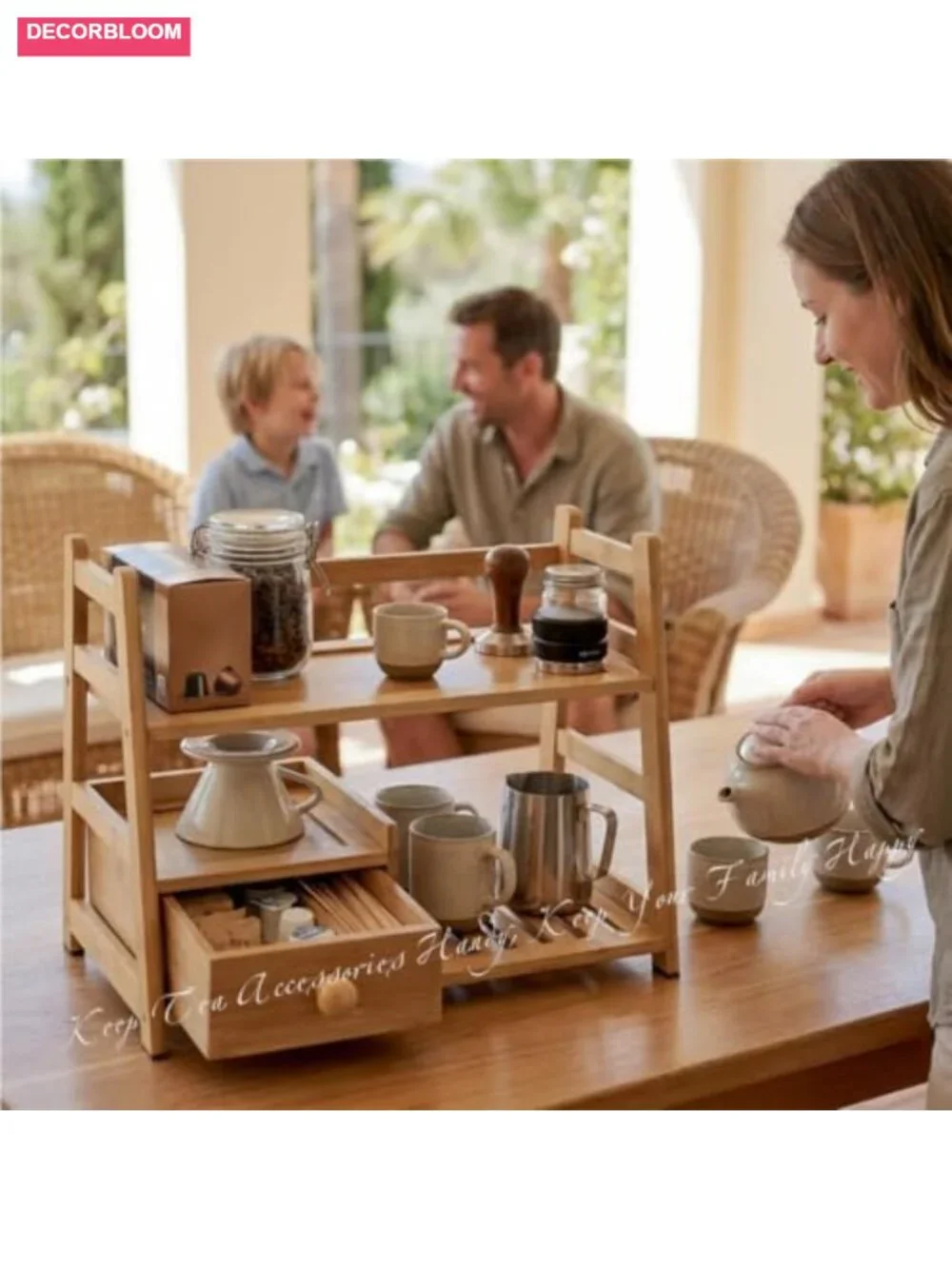 Bamboo Tea Matcha Coffee Storage Organizer with Drawer, Two-Tier